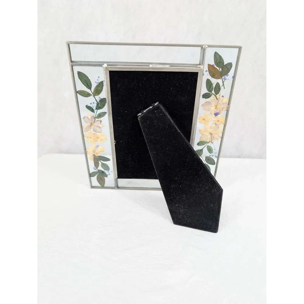 Pressed Flower Glass Picture Frame Silver Yellow Floral Cottagecore 7.75x7